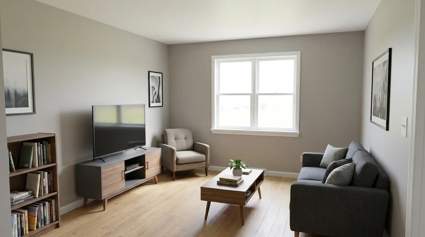 Same living room fully rebuilt and restored after fire damage