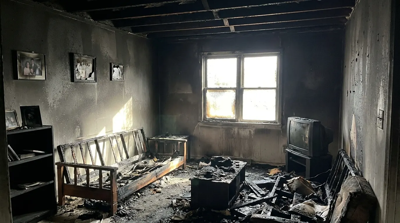 Living room with severe fire damage and charred walls before restoration