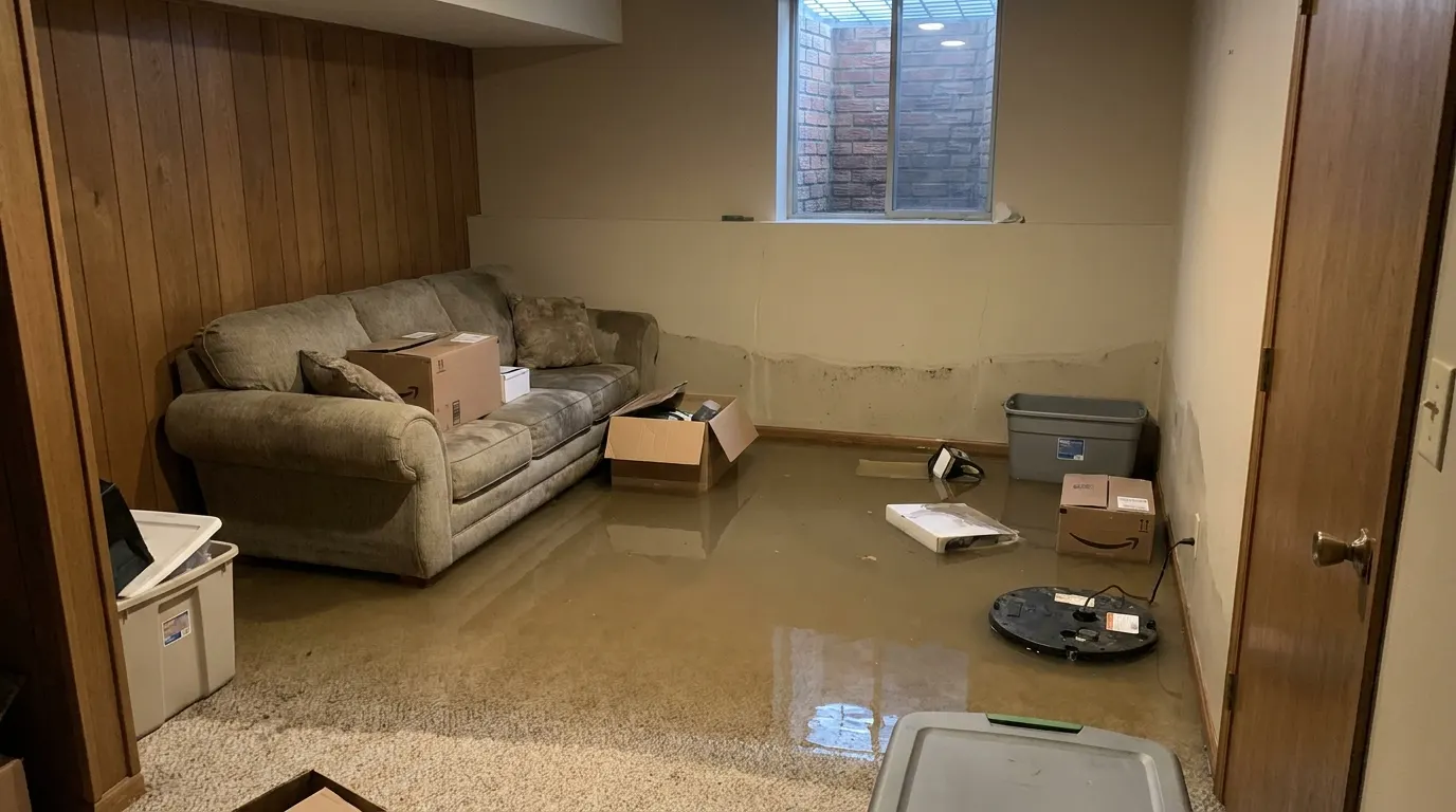 Basement flooded wall to wall before emergency water cleanup