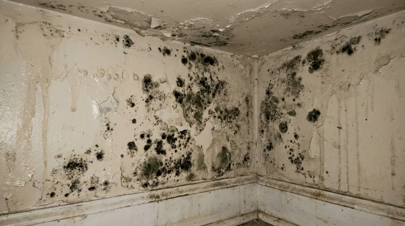 Bathroom wall with spreading mold before remediation