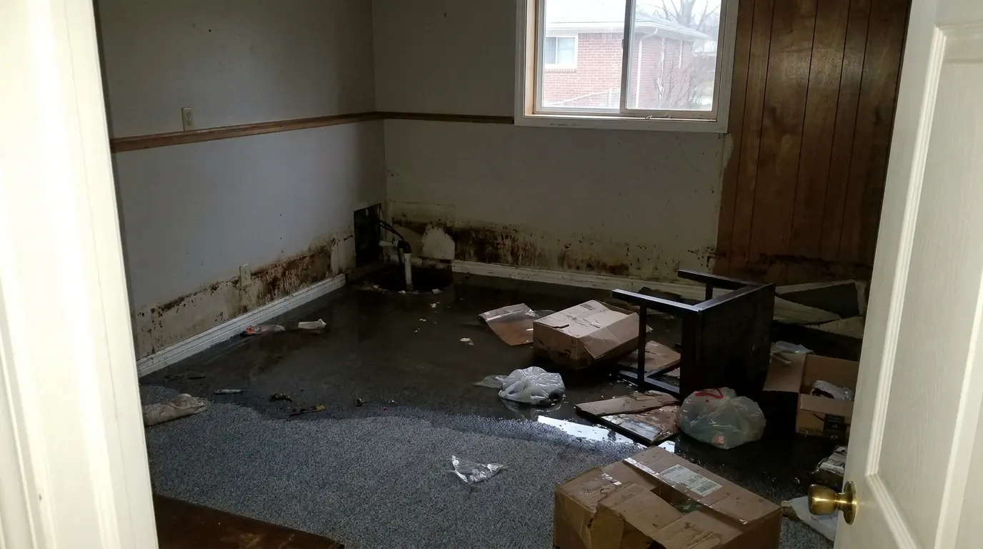 Basement flooded wall to wall by a sewage backup before cleanup