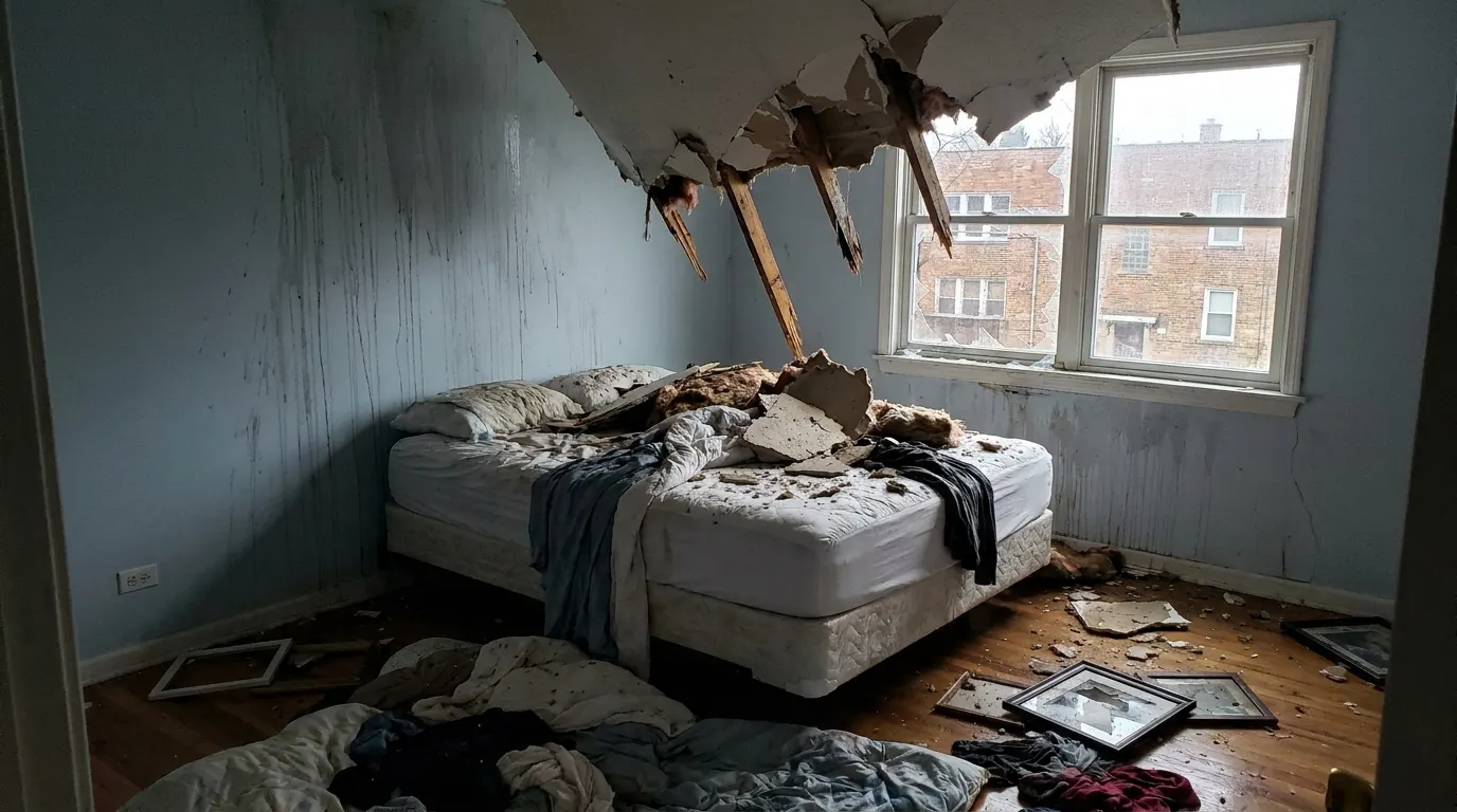 Bedroom with collapsed ceiling and storm debris before repair