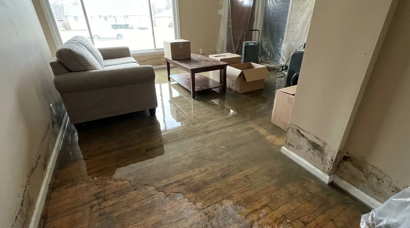 Flooded living room with standing water before restoration